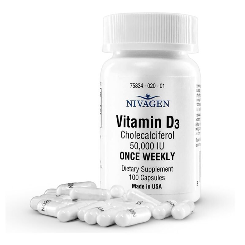 Nivagen Vitamin D3 50,000 IU (1250 mcg) | Once Weekly Dose | 100 Capsules (100 Weeks, Approx. 2 Years Supply) | Easy to Swallow | Bone, Muscle & Immune Support | Non-GMO, Gluten Free | Made in USA