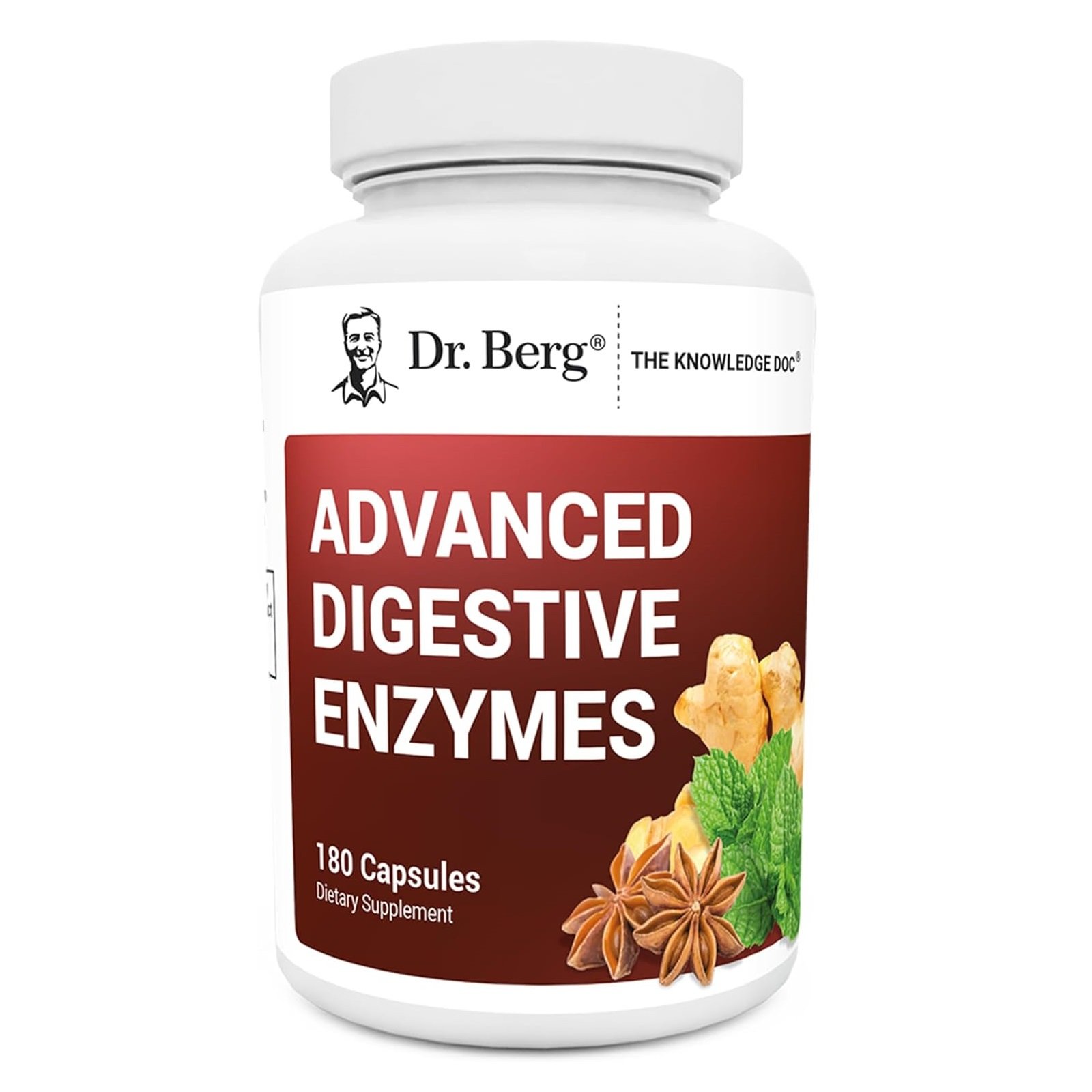 Dr. Berg Advanced Digestive Enzymes with Apple Cider Vinegar - Includes Digestive Health Ingredients Like Betaine Hydrochloride (HCI), Ginger Root & Peppermint Leaf - 180 Capsules