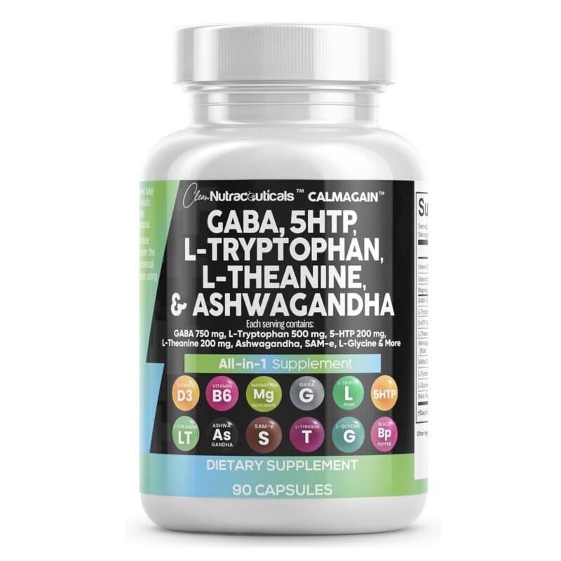Clean Nutraceuticals GABA 750mg 5 HTP 200mg L Tryptophan 500mg L Theanine 200mg Ashwagandha SAM-e L-Glycine - Mood Support Vitamins for Women and Men with L-Tyrosine 5-HTP (5-Hydroxytryptophan)