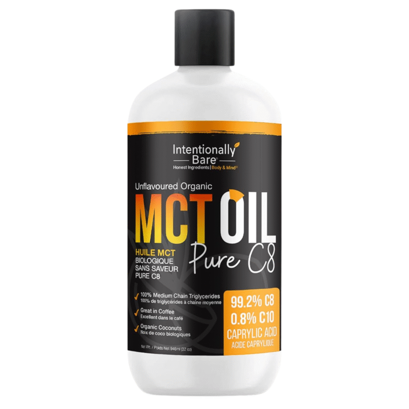 زيت MCT من إنتاج شركة Intentionally Bare بدون نكهة - زيت MCT منخفض الكربوهيدرات مع C8 لزيادة التركيز والطاقة وكبح الشهية - زيت جوز هند نقي، غير معدل وراثيًا وخالٍ من الغلوتين - مثالي للقهوة والشاي والسلطات والعصائر