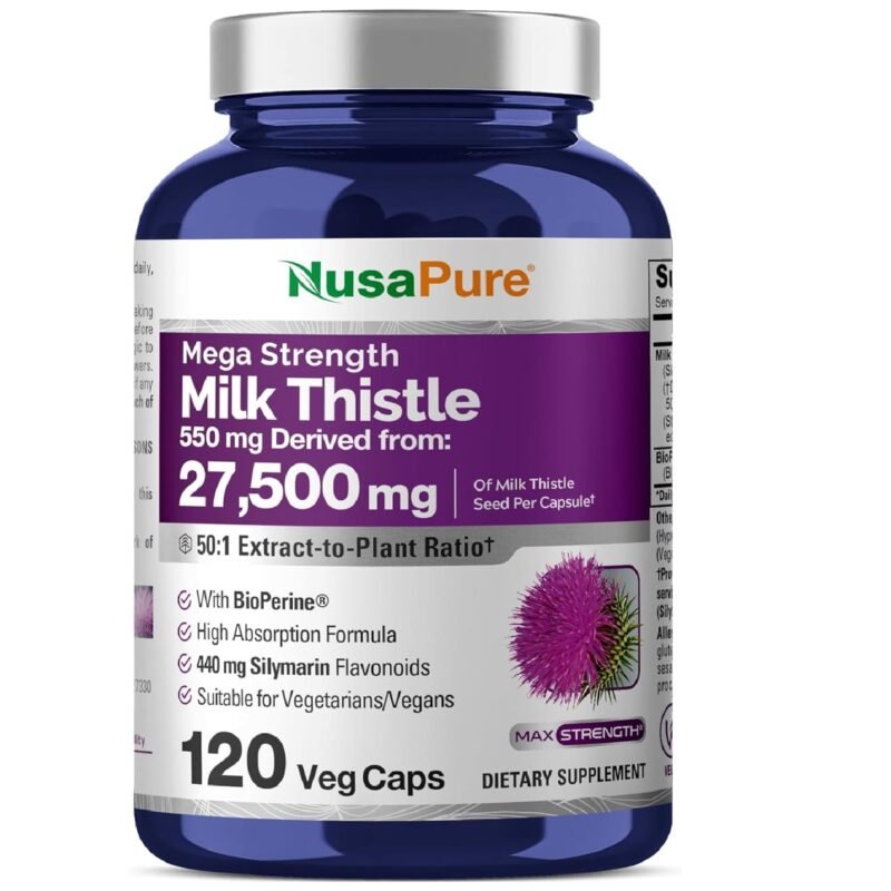 NusaPure Milk Thistle 50:1 Extract, 550 mg Equivalent to 27,500mg 120 Veggie Capsules Non-GMO, Vegan Max Strength - Standardized 80% Silymarin, Bioperine