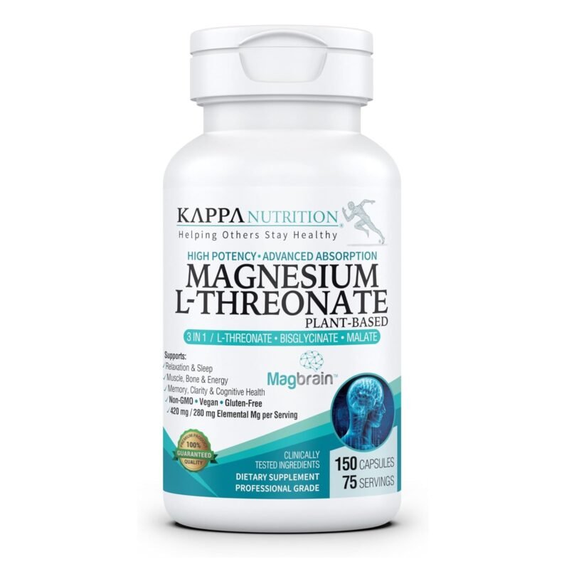 Kappa Nutrition Powered by Magbrain™ Magnesium L-Threonate Plant-Based, 420mg Elemental Magnesium (3 Capsules) from 2,253mg, 150 Vegan Capsules, Brain, Sleep & Muscle Support.