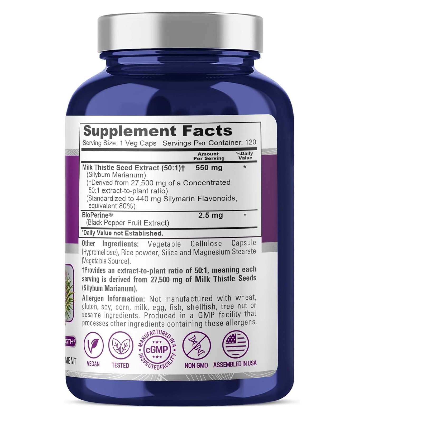 NusaPure Milk Thistle 50:1 Extract, 550 mg Equivalent to 27,500mg 120 Veggie Capsules Non-GMO, Vegan Max Strength - Standardized 80% Silymarin, Bioperine - الصورة 2