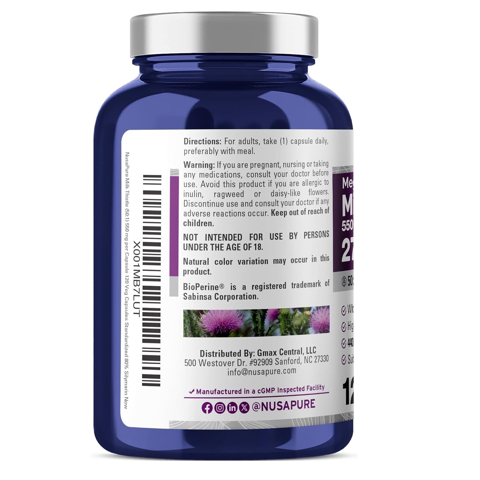 NusaPure Milk Thistle 50:1 Extract, 550 mg Equivalent to 27,500mg 120 Veggie Capsules Non-GMO, Vegan Max Strength - Standardized 80% Silymarin, Bioperine - الصورة 3