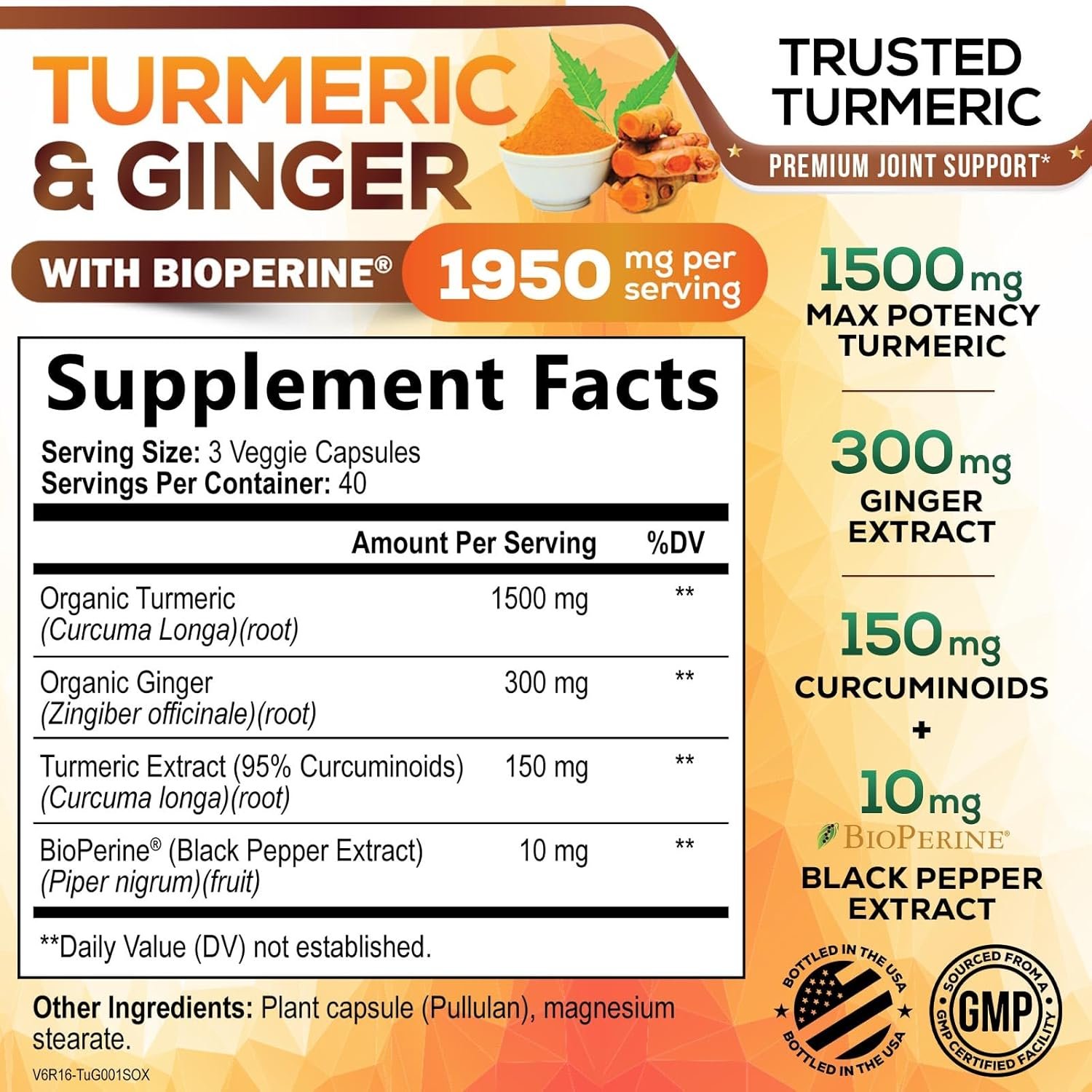 Turmeric Curcumin Supplement 1950mg - 95% Curcuminoids with Organic Turmeric & Ginger, BioPerine Black Pepper for Best Absorption, Nature's Vegan Joint Support, Non-GMO, Bottled in USA - 120 Capsules - الصورة 2