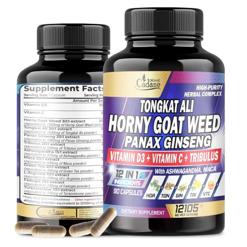 Organic Cadane Maca Root, Ashwagandha, Panax Ginseng Supplement - 90 Capsules 3 Months with Fenugreek, Tongkat Ali & More - Support Energy Production & Immunity