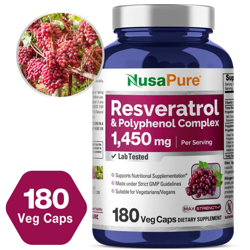 Resveratrol & Polyphenol Complex 1, 450mg – 180 Veg Caps (100% Vegetarian, Non – GMO)
