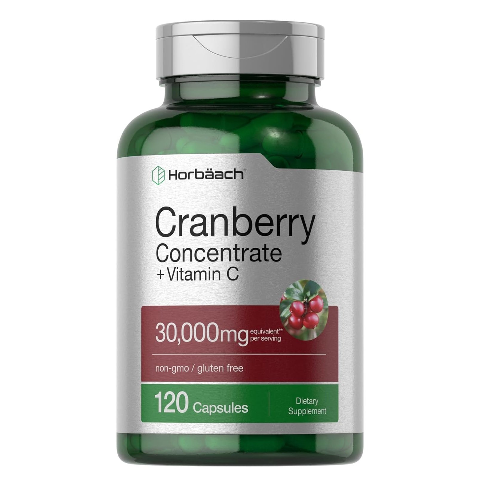 Horbäach Cranberry Concentrate Extract Pills + Vitamin C | 30,000mg | 120 Capsules