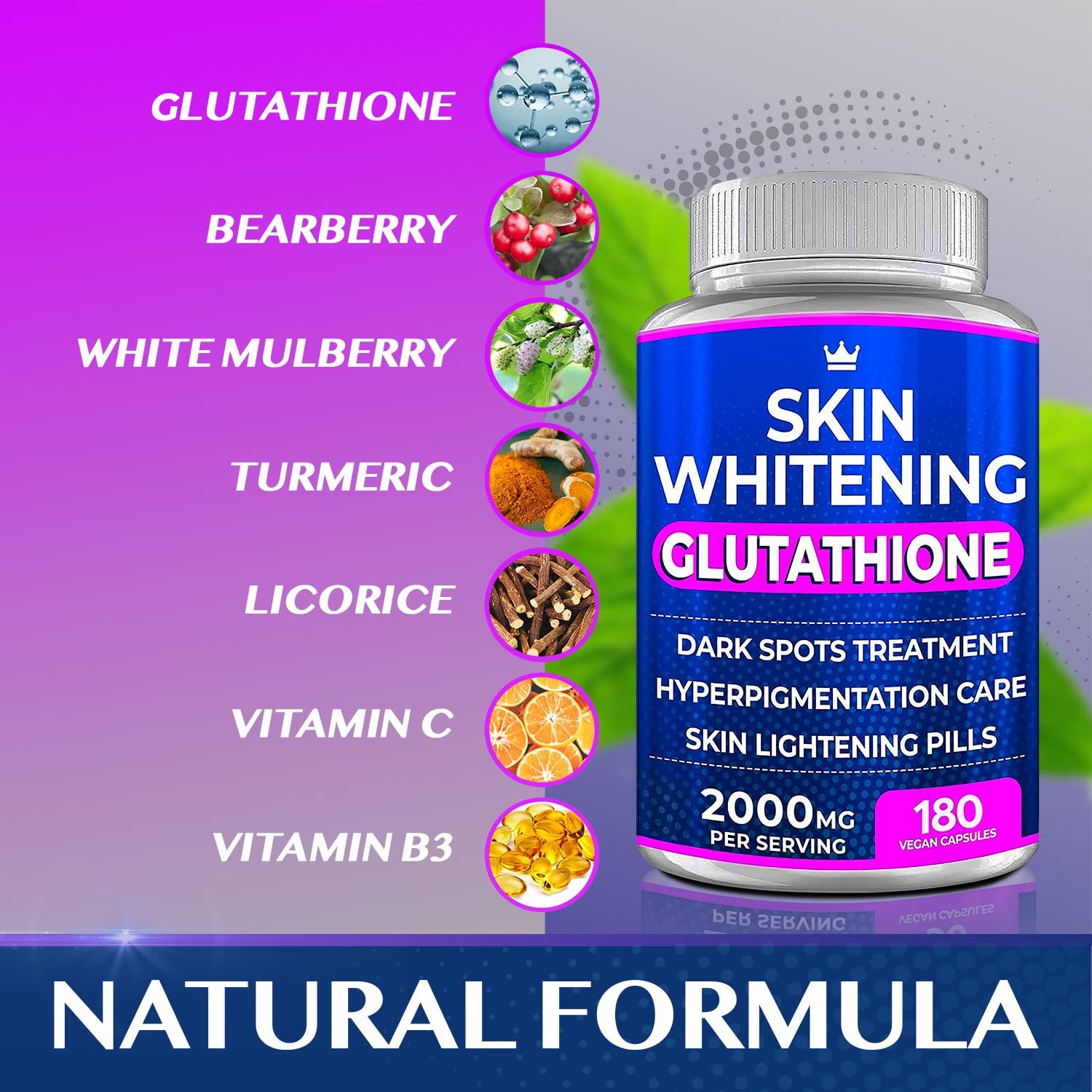 Glutathione Whitening Pills - 180 Capsules 2000mg Glutathione - Effective Skin Lightening Supplement - Dark Spots, Melasma & Acne Scar Remover, Hyperpigmentation Treatment - Anti-Aging Antioxidant - الصورة 2