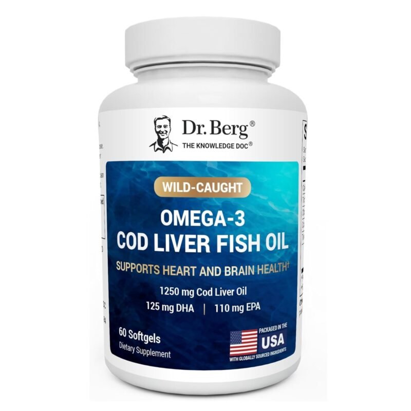 Dr. Berg Maximum Strength Omega-3 Cod Liver Fish Oil (1250 mg) from Wild-Caught Cod - Lemon-Flavored Omega-3 Fish Oil for Women & Men - EPA DHA Supplement – 60 Softgels