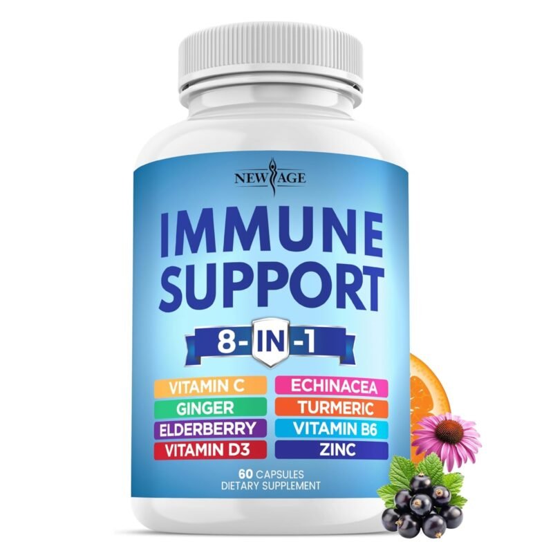 NEW AGE 8 in 1 Immune Support Booster Supplement with Echinacea, Vitamin C and Zinc 50mg, Vitamin D 5000 IU, Turmeric Curcumin & Ginger, B6, Elderberry 60 Count (Pack of 1)