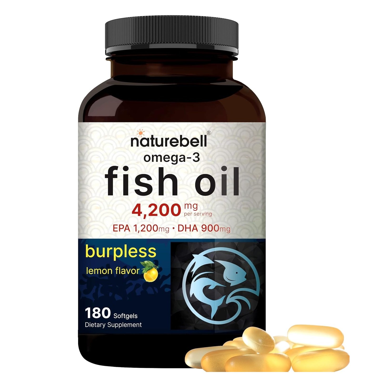Omega 3 Fish Oil 4,200mg, 180 Burpless Softgels, Highly Purified EPA 1,200mg & DHA 900mg | Lemon Flavored | Premium Wild Caught Fish from Deep Sea – Heart & Brain Support – Mercury Free & Non-GMO