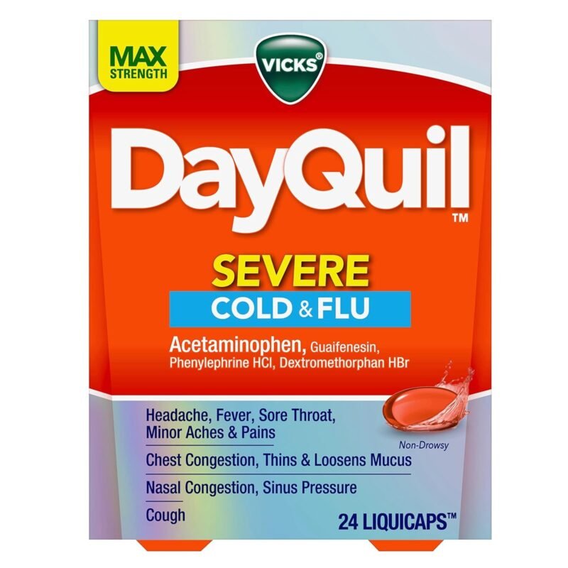 Vicks DayQuil Severe Cold, Flu & Congestion Medicine, Liquicaps, Maximum Strength Orange, 24 Count
