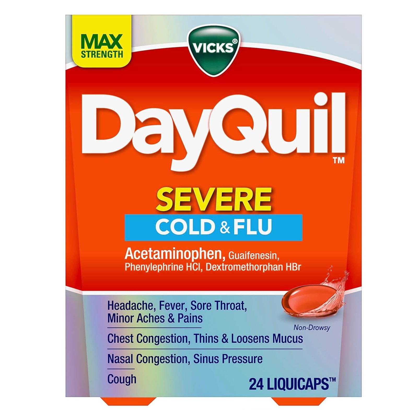 Vicks DayQuil Severe Cold, Flu & Congestion Medicine, Liquicaps, Maximum Strength Orange, 24 Count