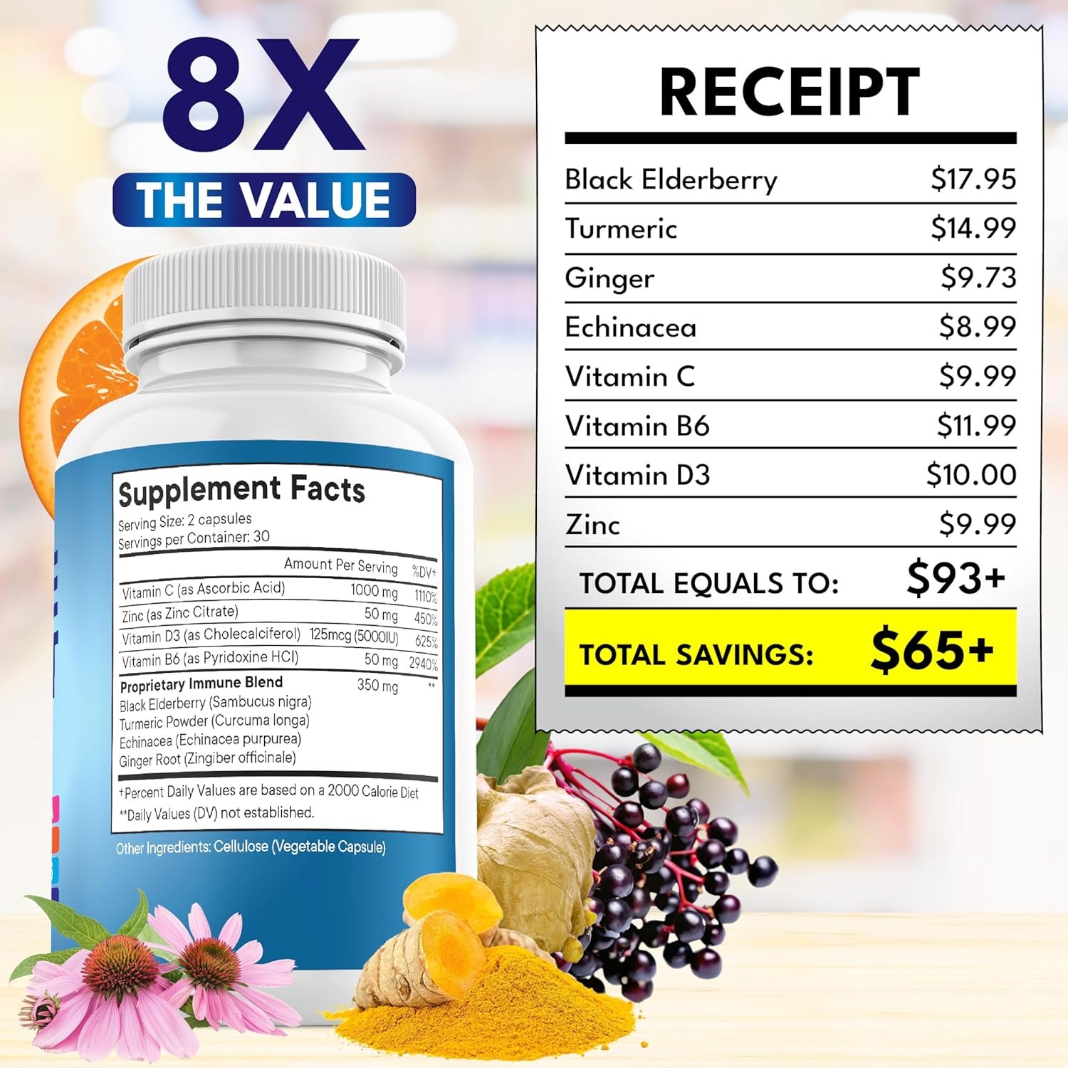 NEW AGE 8 in 1 Immune Support Booster Supplement with Echinacea, Vitamin C and Zinc 50mg, Vitamin D 5000 IU, Turmeric Curcumin & Ginger, B6, Elderberry 60 Count (Pack of 1) - الصورة 2