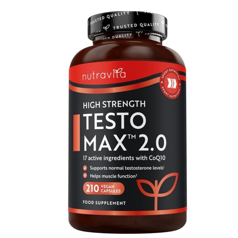 Nutravita Test Booster for Men - 210 Vegan Capsules - 1450mg per Testosterone Supplement Serving - TESTOMAX™ 2.0 Contains 17 Active Ingredients Incl. Ashwagandha KSM 66®, CoQ10, Maca Root