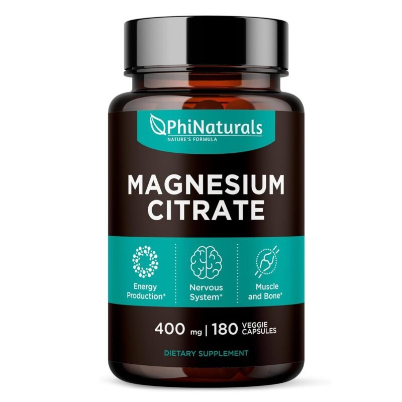 Magnesium Citrate Powder Capsules 400mg - 180 Count Veg Caps - PhiNaturals Supplements - Nervous System Support and Enzyme Function