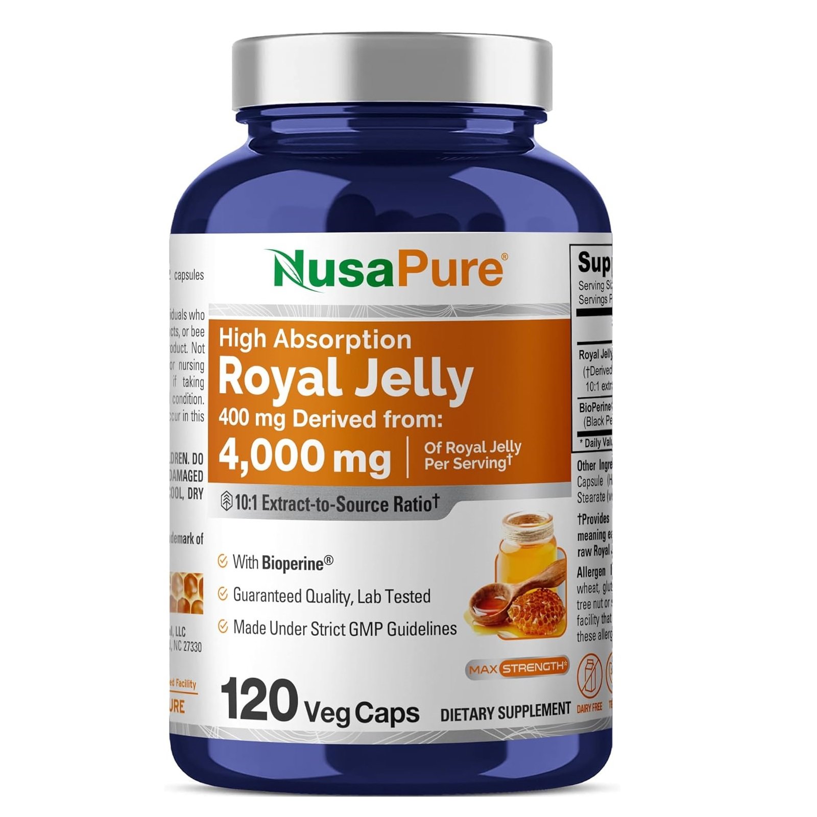 NusaPure Royal Jelly 10:1 Extract, 400 mg Equivalent to 4000mg - 120 Veggie Capsules