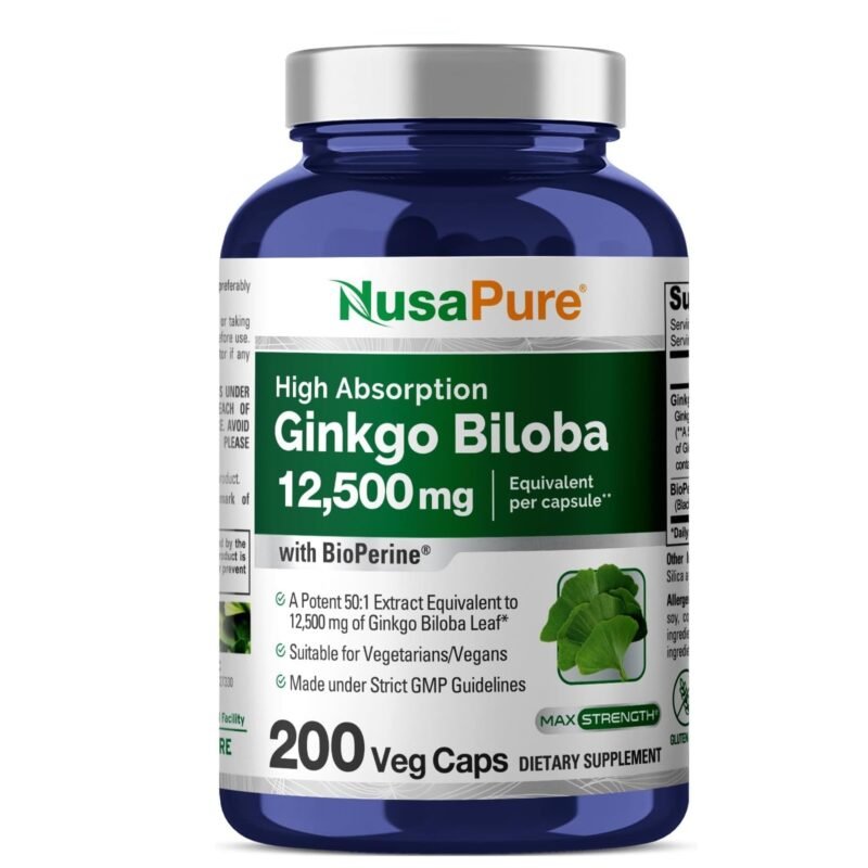 NusaPure Ginkgo Biloba 50:1 Extract, 250 mg Equivalent to 12,500 mg per Veggie Caps 200