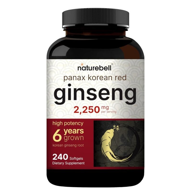 NatureBell Panax Korean Red Ginseng - 240 Softgels - 2,250mg High Strength Herbal Vitality Support* - Standardized 10% Ginsenosides from Six-Year-Old Ginseng Root - Energy & Immune Support*