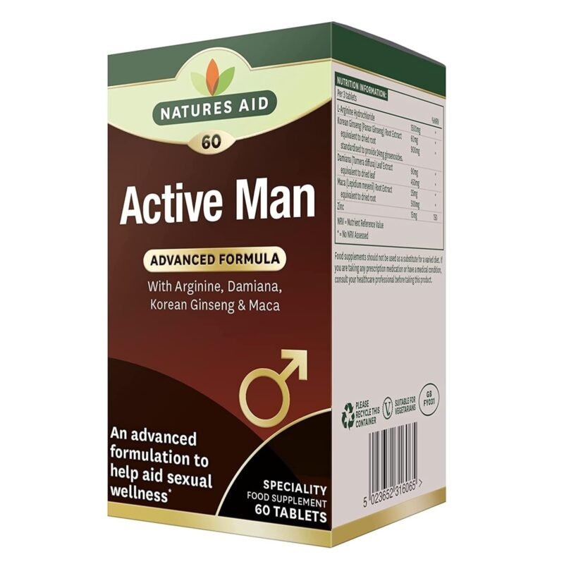 Natures Aid Active Man Tablets - High Strength Supplement with Zinc Maca Ginseng and Damiana - Supports Men’s Health Energy Vitality Immunity and Performance - Vegan Gluten Free Non-GMO - 60 Tablets