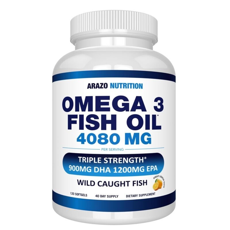 Arazo Nutrition Wild Caught Omega-3 Fish Oil Concentrate – 4,080mg per Serving – High EPA 1200mg & DHA 900mg – 120 Burpless Lemon Softgels