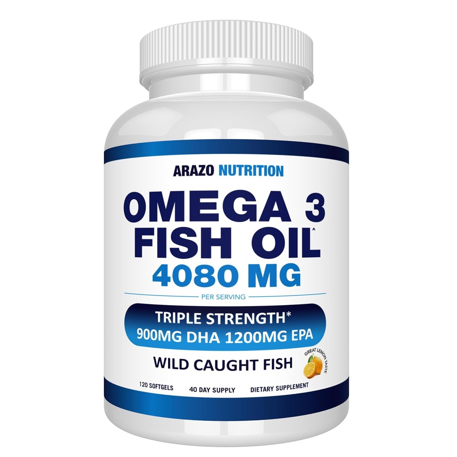 Arazo Nutrition Wild Caught Omega-3 Fish Oil Concentrate – 4,080mg per Serving – High EPA 1200mg & DHA 900mg – 120 Burpless Lemon Softgels