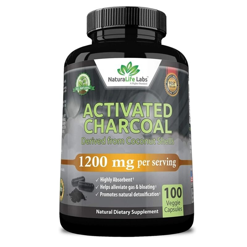 NaturaLife Labs Organic Activated Charcoal Capsules - 1,200mg,100 Vegan Capsules