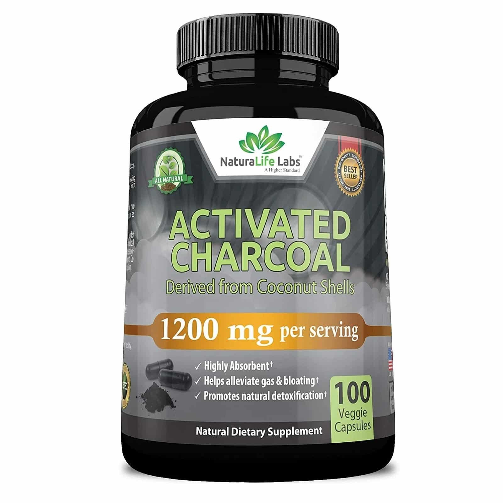 NaturaLife Labs Organic Activated Charcoal Capsules - 1,200mg,100 Vegan Capsules