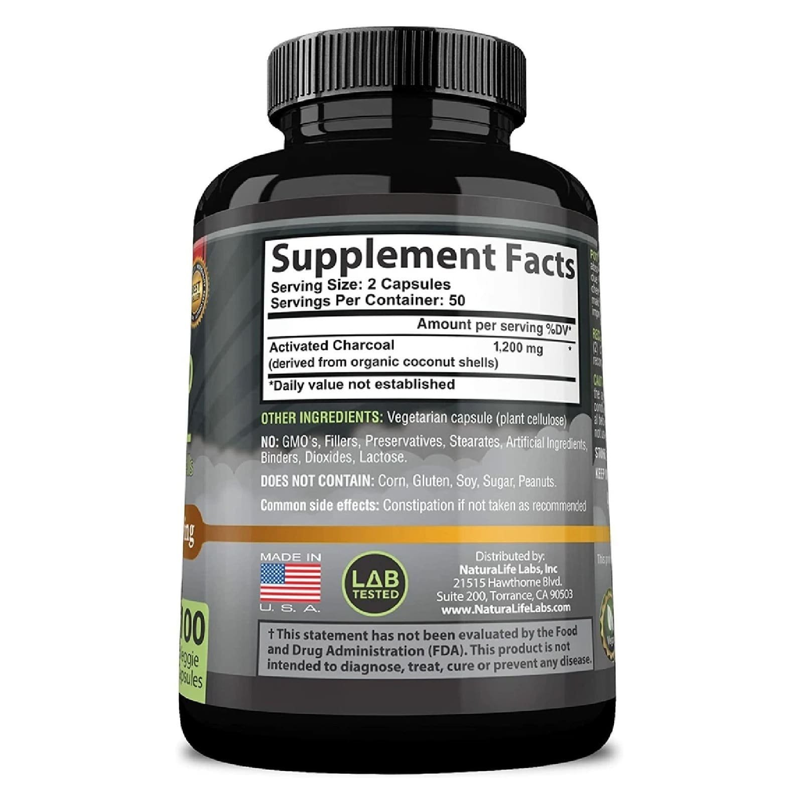 NaturaLife Labs Organic Activated Charcoal Capsules - 1,200mg,100 Vegan Capsules - الصورة 2