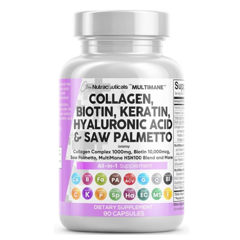 Clean Nutraceuticals Collagen Pills 1000mg Biotin 10000mcg Keratin Saw Palmetto Hyaluronic Acid - Hair Skin & Nails Vitamins & DHT Blocker with Vitamin E Folic Acid Pumpkin Seed MSM - 90 Count