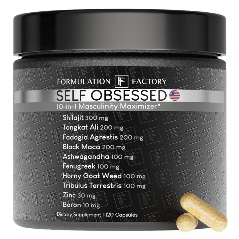 Self Obsessed Masculine Vitality & Testosterone Support - 10-in-1 Complex with Shilajit, Tongkat Ali, & Fadogia Agrestis - 120 Capsules, 2 Month Supply (120 Count