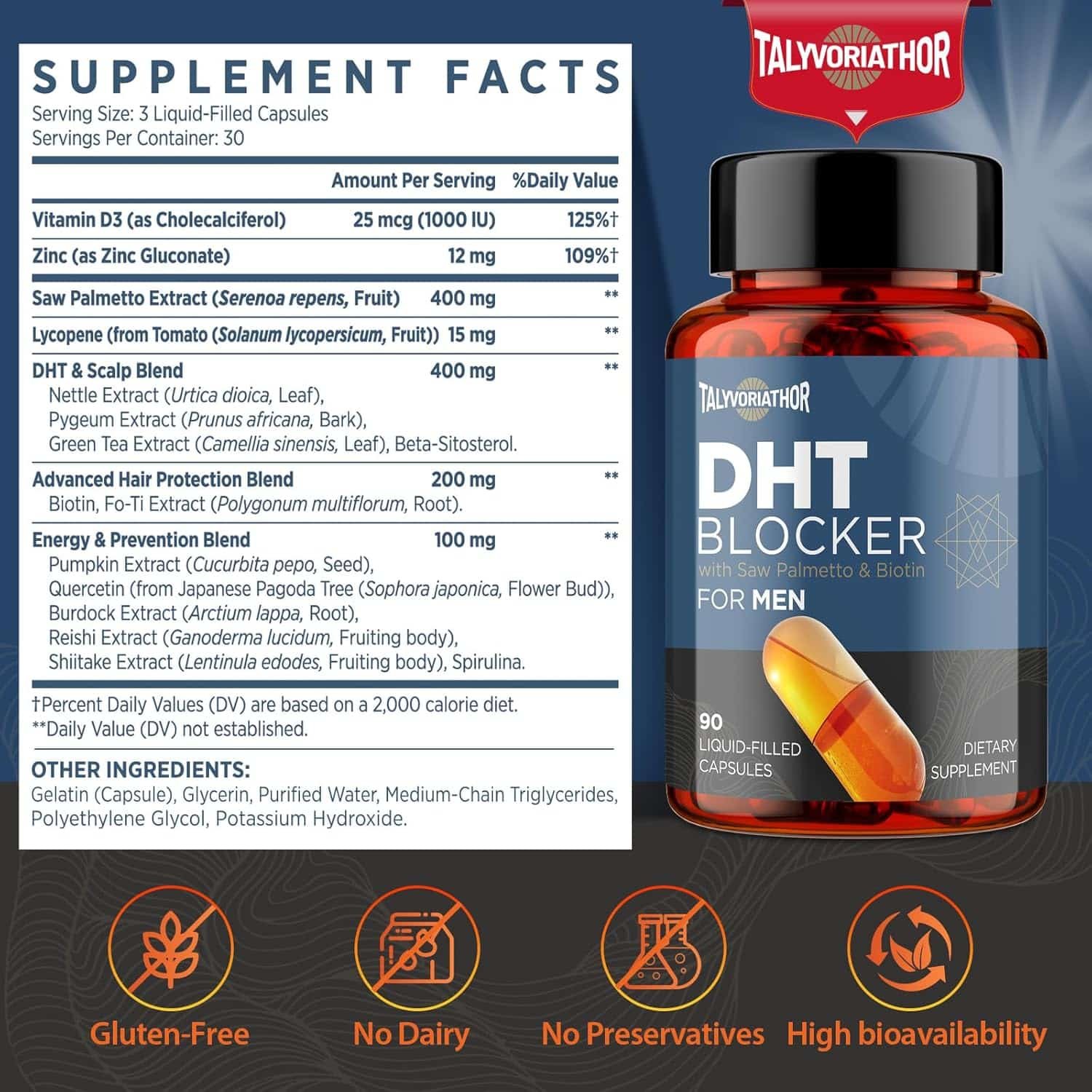 DHT Blocker for Men with Saw Palmetto & Biotin, Hair Growth Formula in Liquid-Filled Capsules, Hair Loss Supplements, Hair Regrowth Vitamins, Proprietary Herbal Blends - 90 Capsules - الصورة 2