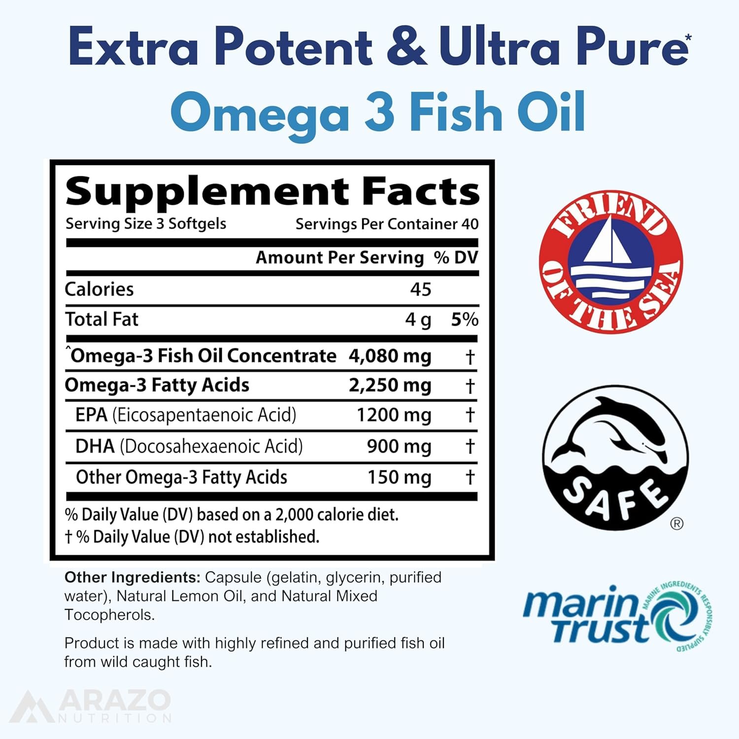 Arazo Nutrition Wild Caught Omega-3 Fish Oil Concentrate – 4,080mg per Serving – High EPA 1200mg & DHA 900mg – 120 Burpless Lemon Softgels - الصورة 2