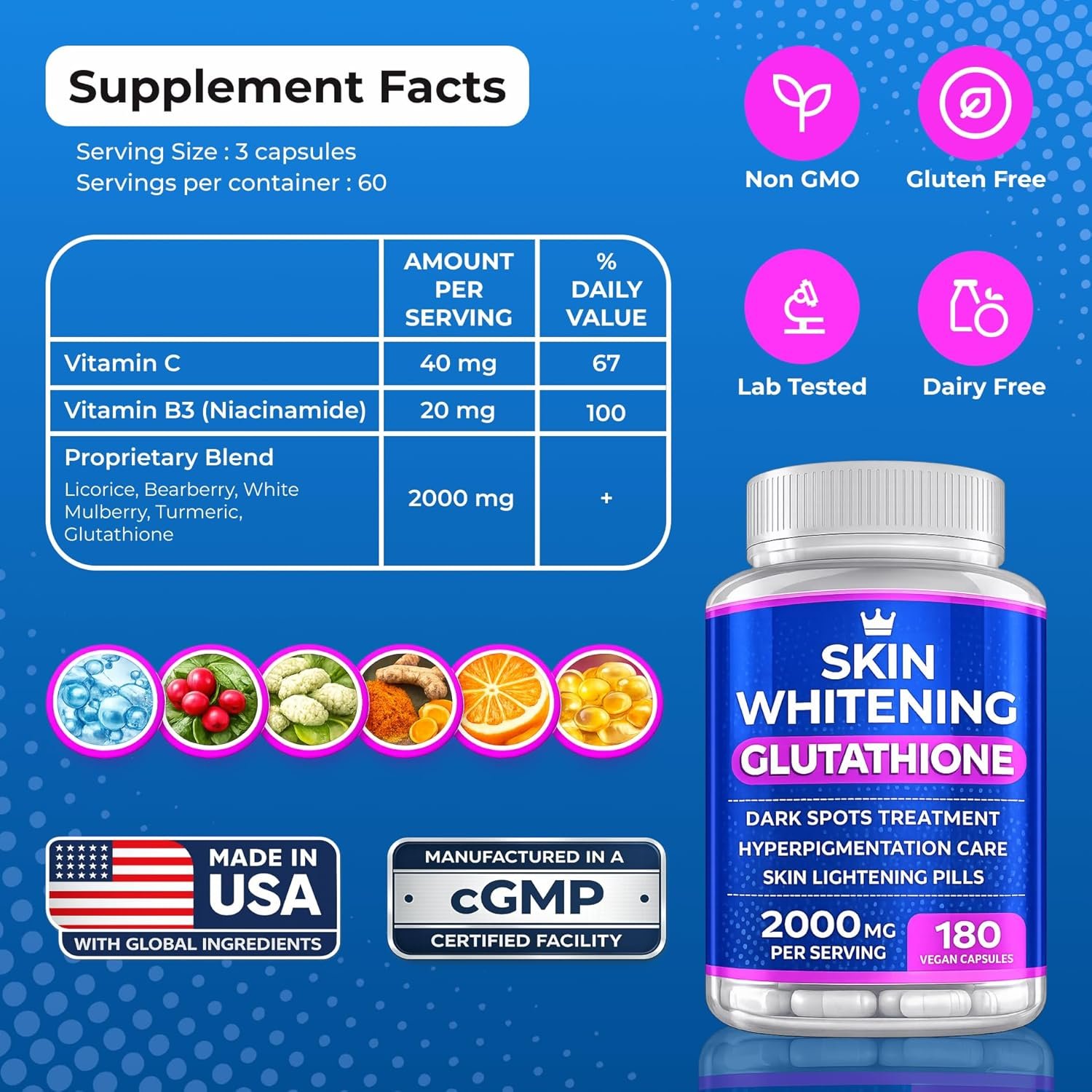 Glutathione Whitening Pills - 180 Capsules 2000mg Glutathione - Effective Skin Lightening Supplement - Dark Spots, Melasma & Acne Scar Remover, Hyperpigmentation Treatment - Anti-Aging Antioxidant - الصورة 2