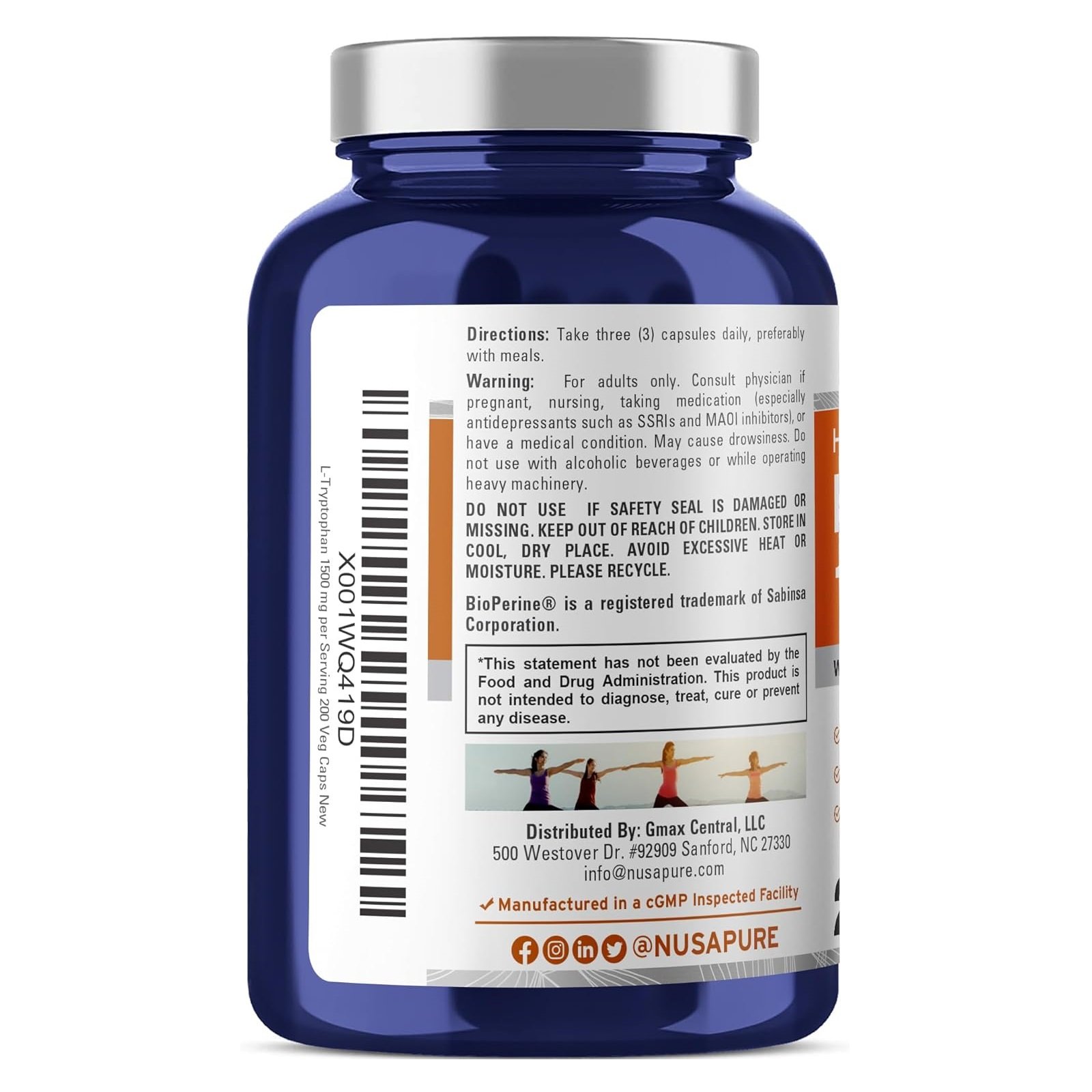 NusaPure L-Tryptophan - Suitable for Vegetarian/Vegan, Non - GMO - 1500mg 200 Capsules - الصورة 3