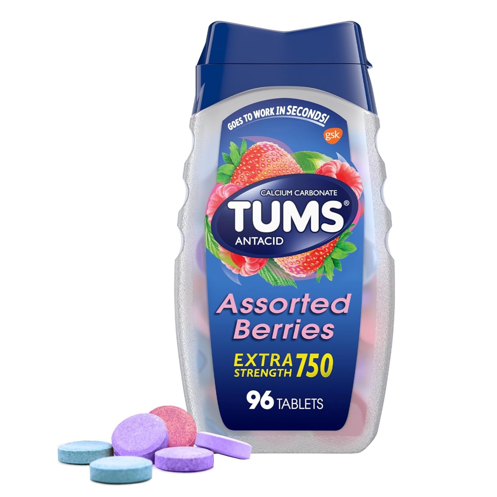 TUMS Extra Strength Assorted Berries Antacid Tablets for Heartburn Relief, 96 count