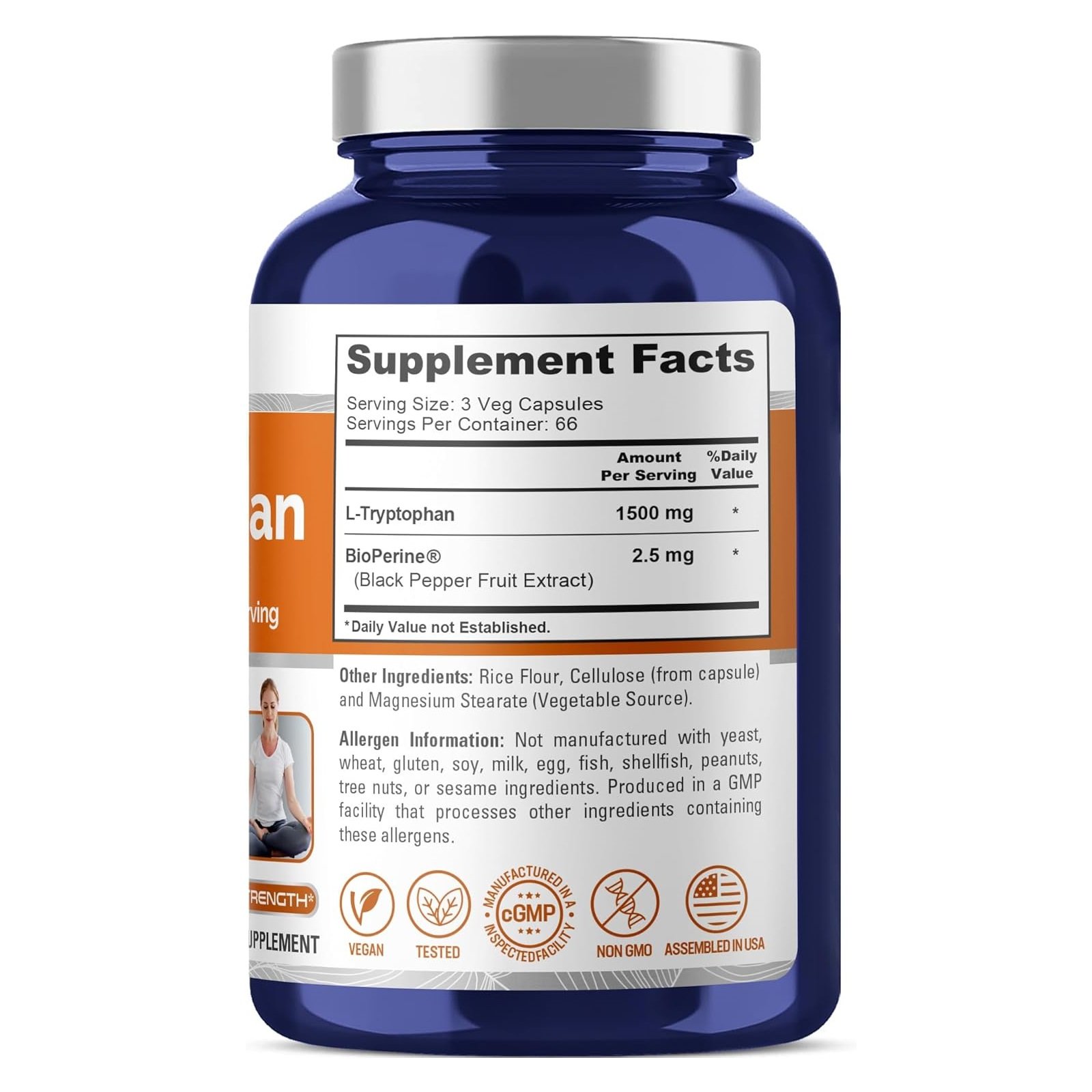 NusaPure L-Tryptophan - Suitable for Vegetarian/Vegan, Non - GMO - 1500mg 200 Capsules - الصورة 2
