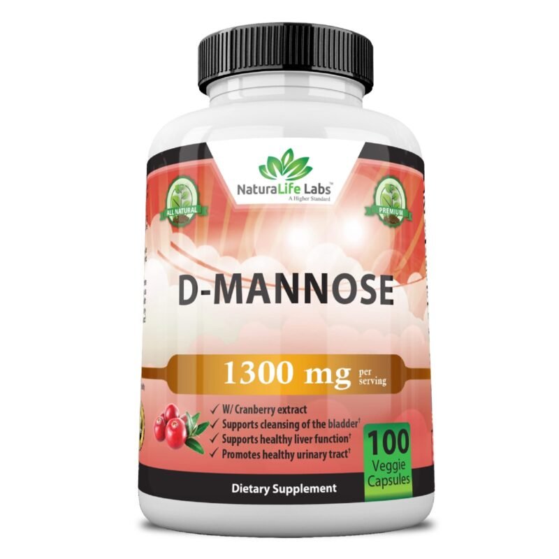 NaturaLife Labs D-Mannose 1,300 mg with Cranberry Extract Fast-Acting, Flush Impurities, Natural Urinary Tract Health- 100 Veggie Capsules