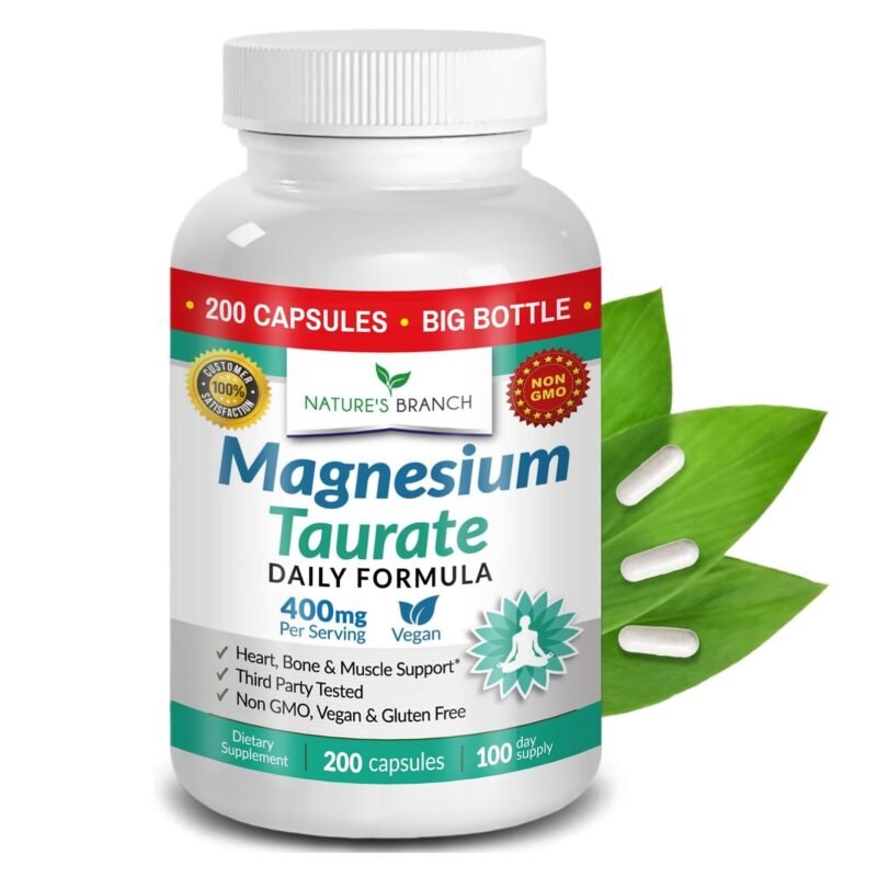 Magnesium Taurate 400mg | High Absorption | 200 Capsules for Sleep, Heart Health, Calm, Joint Supplement for Women and Men | Pure Elemental Mag Powder Plus Taurine - Extra Strength Pills