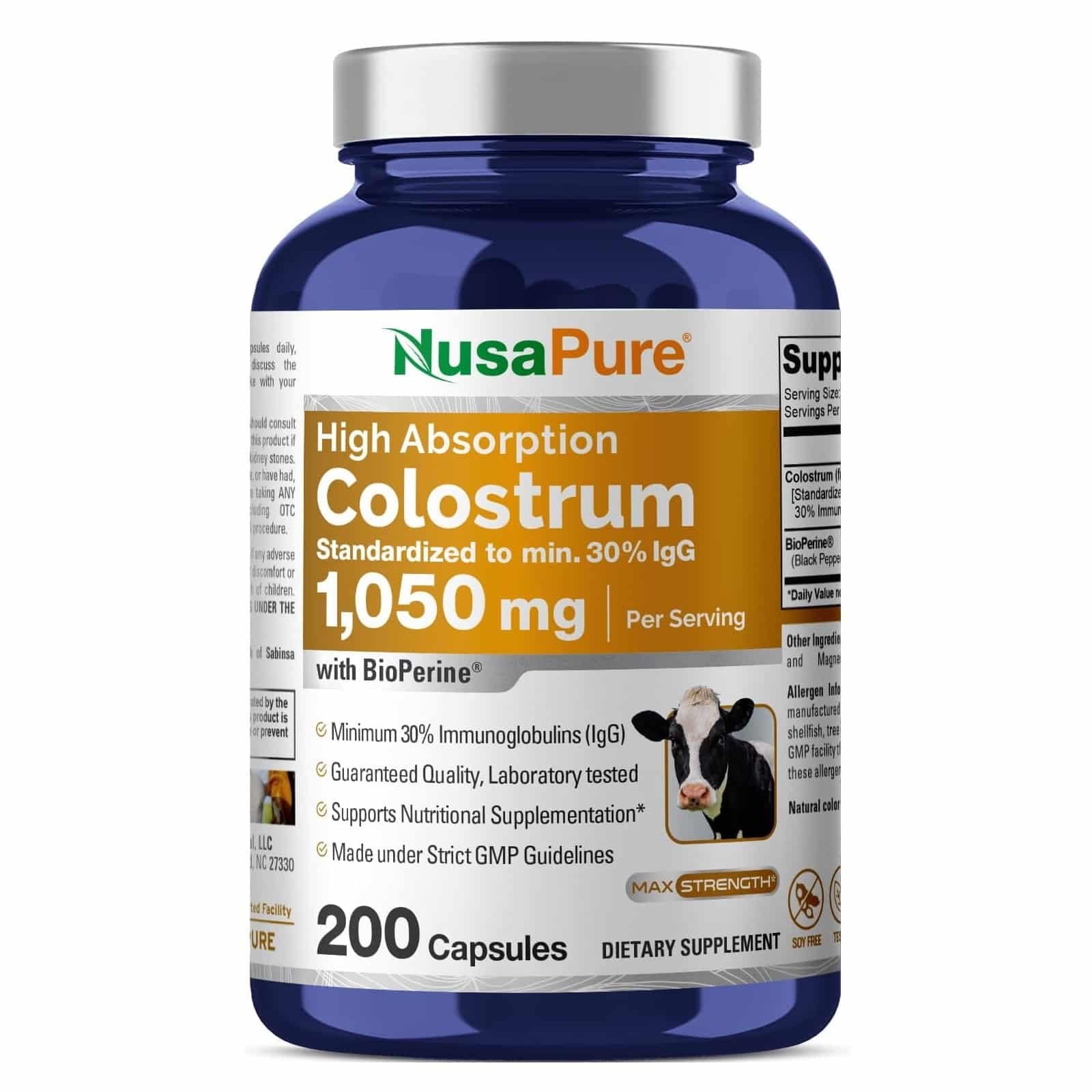 NusaPure Colostrum 1050mg 30% IgG 200 capsules (Non-GMO, Soyfree) Bioperine