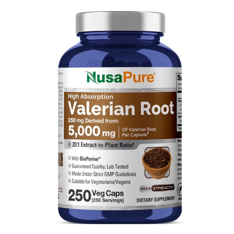 NusaPure Valerian Root 20:1 Extract, 250 mg Equivalent to 5000mg Per Veggie Caps, 250 Count