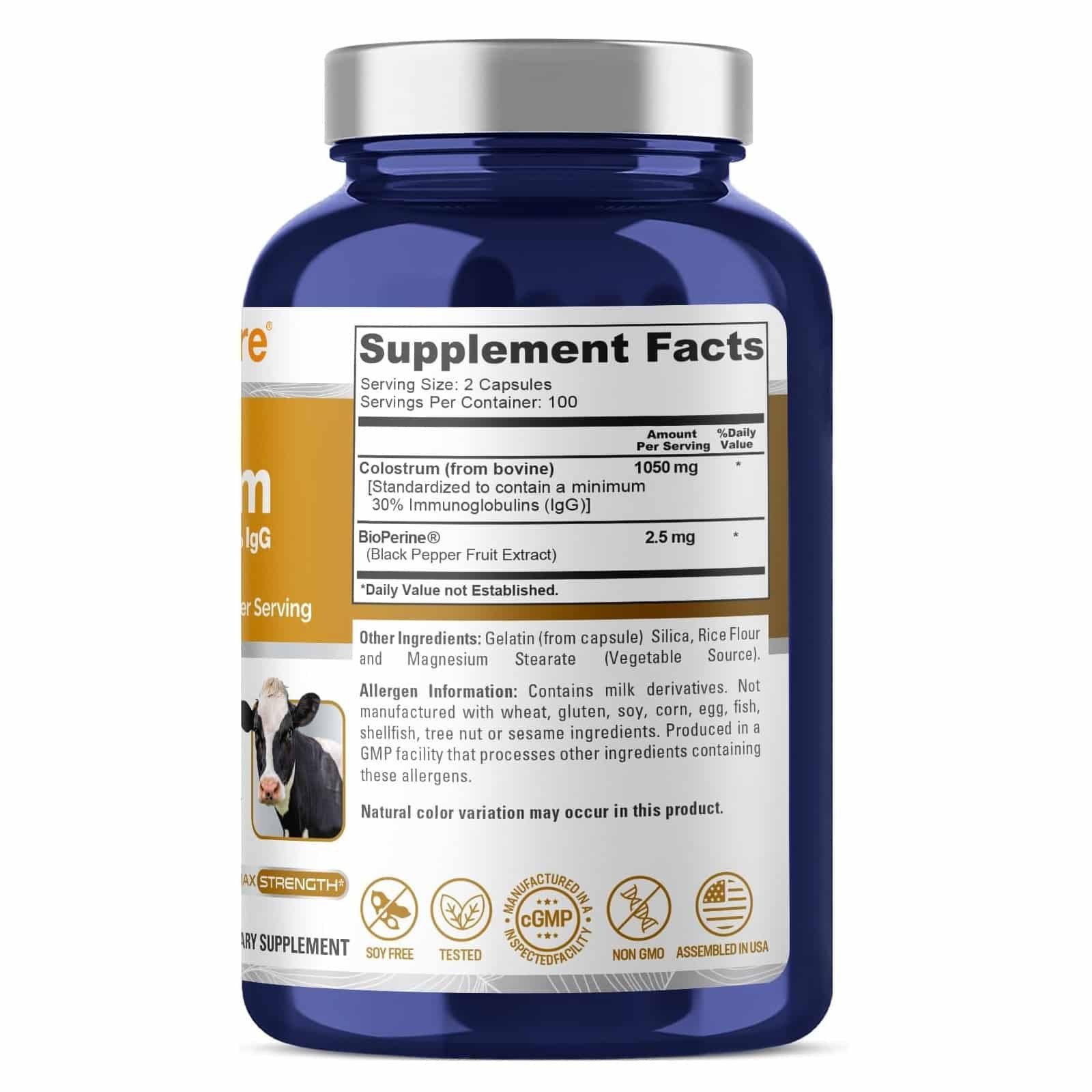 NusaPure Colostrum 1050mg 30% IgG 200 capsules (Non-GMO, Soyfree) Bioperine - الصورة 2