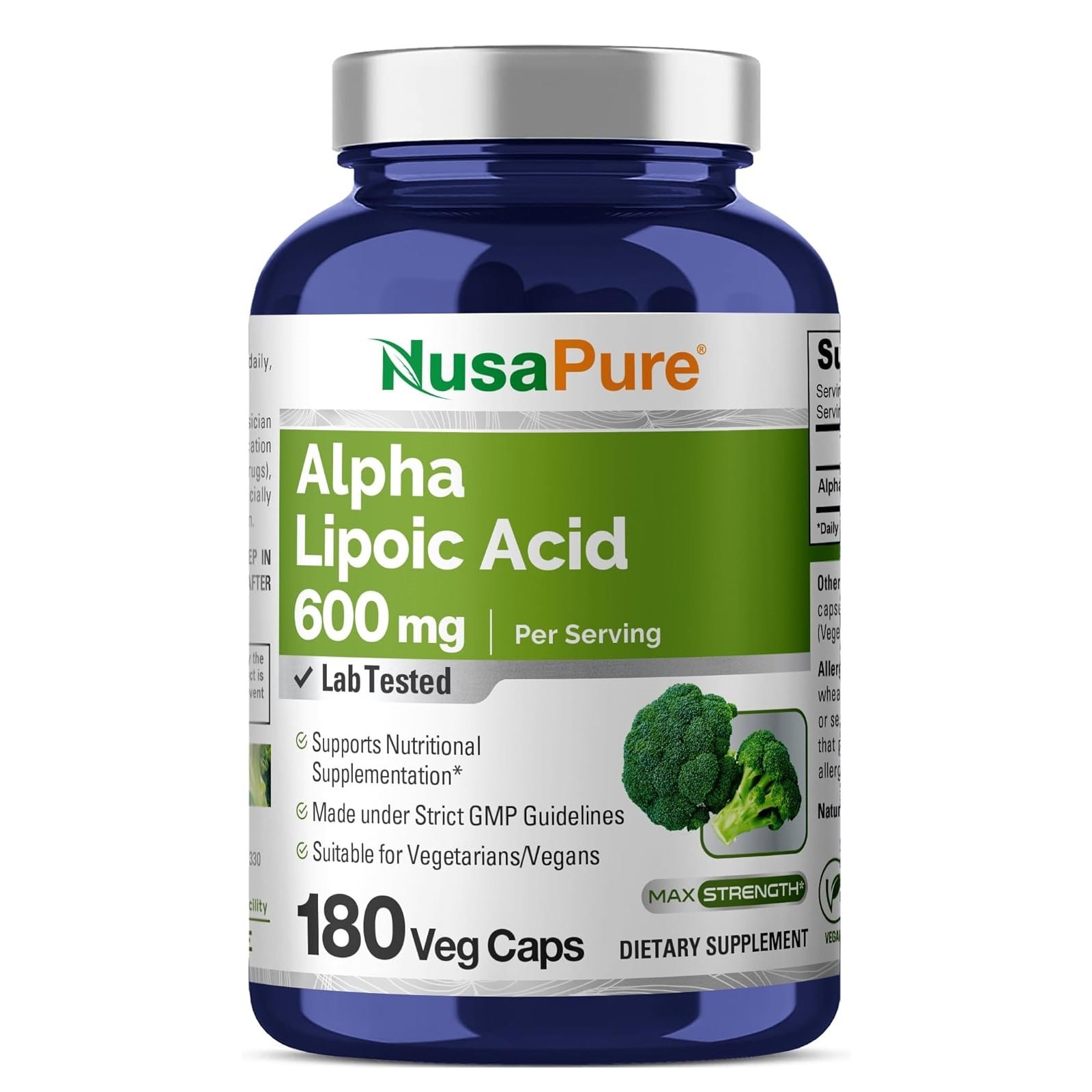 NusaPure Alpha Lipoic Acid 600 mg per Serving 180 Veggie Capsules (Vegetarian, Non-GMO, Vegan)