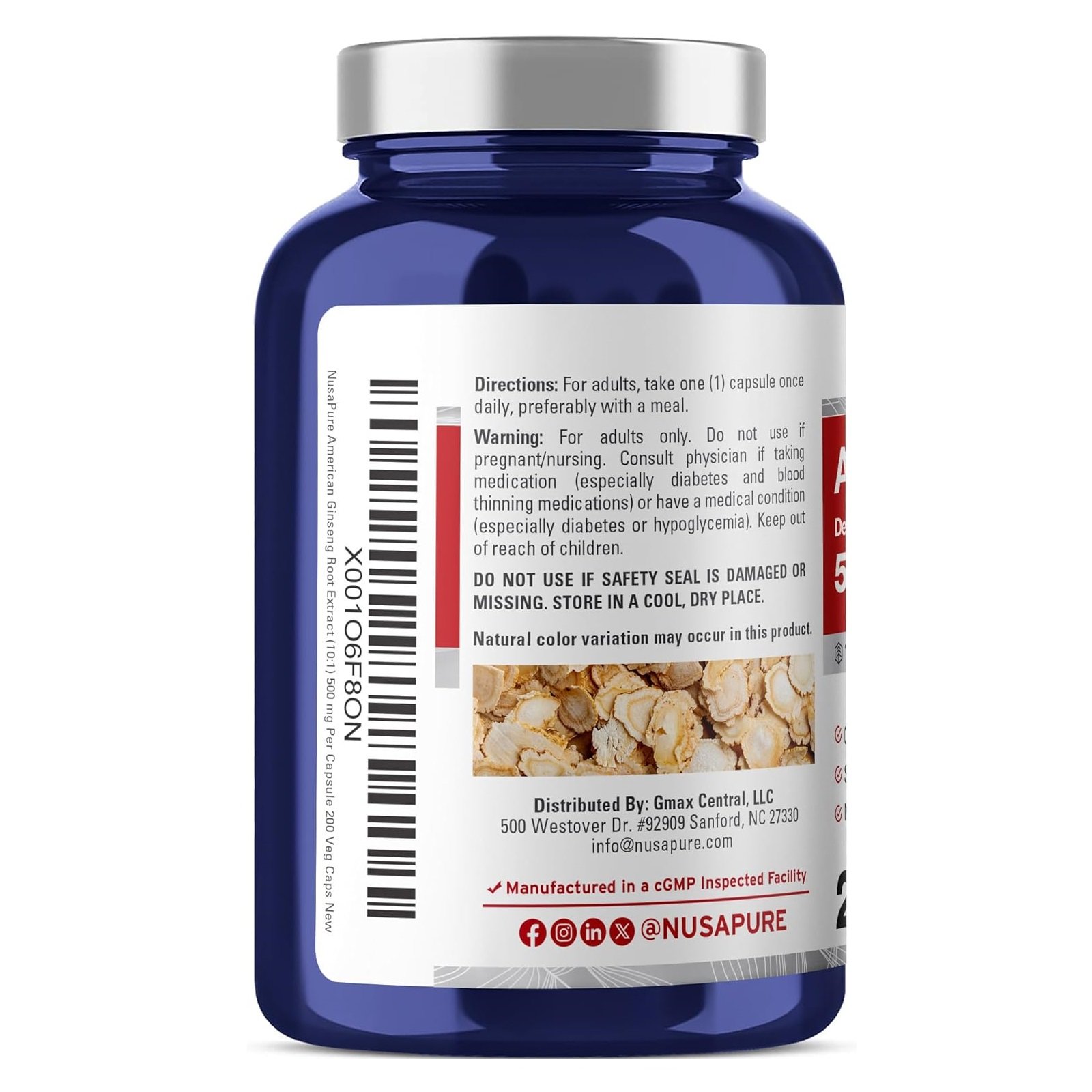 NusaPure American Ginseng Capsules, 500 mg, 200 Veg Capsules (Non-GMO, Vegan) - الصورة 3