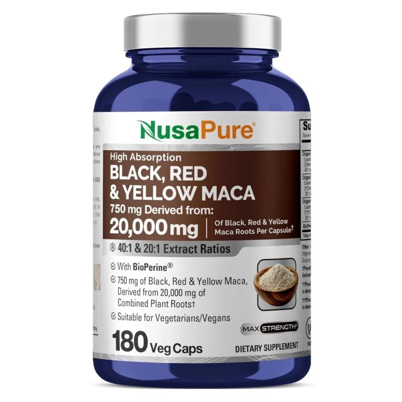 NusaPure Maca Root Black Red Yellow 20000mg - 180 Vegan Capsules VeganNon-GMO