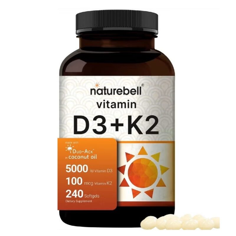 Vitamin D3 K2 (MK7) with Virgin Coconut Oil, 240 Softgels, 5000 IU & K2 MK7 100mcg, 2 in 1 Support, Duo-Ack | 8 Months Supply | Third Party Tested, Non GMO & No Gluten