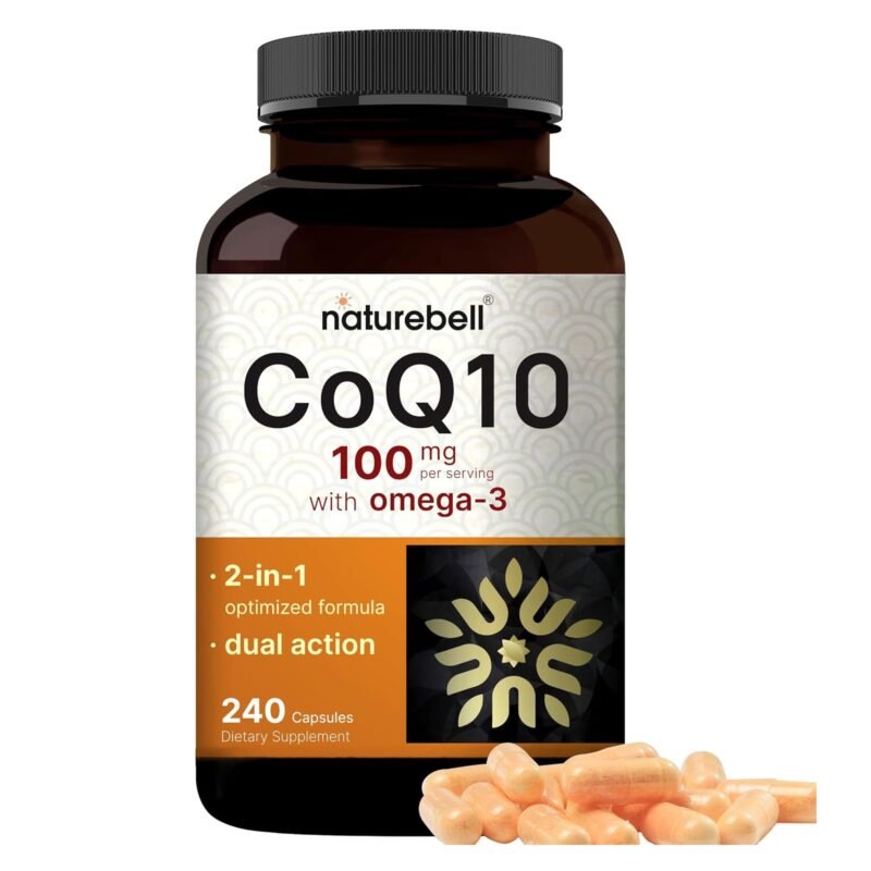 NatureBell CoQ10 100mg with Omega 3, 240 Capsules | Stable High Absorption Form – Antioxidant Support for Heart & Energy Health – Extra Strength Coenzyme Q10 Supplement