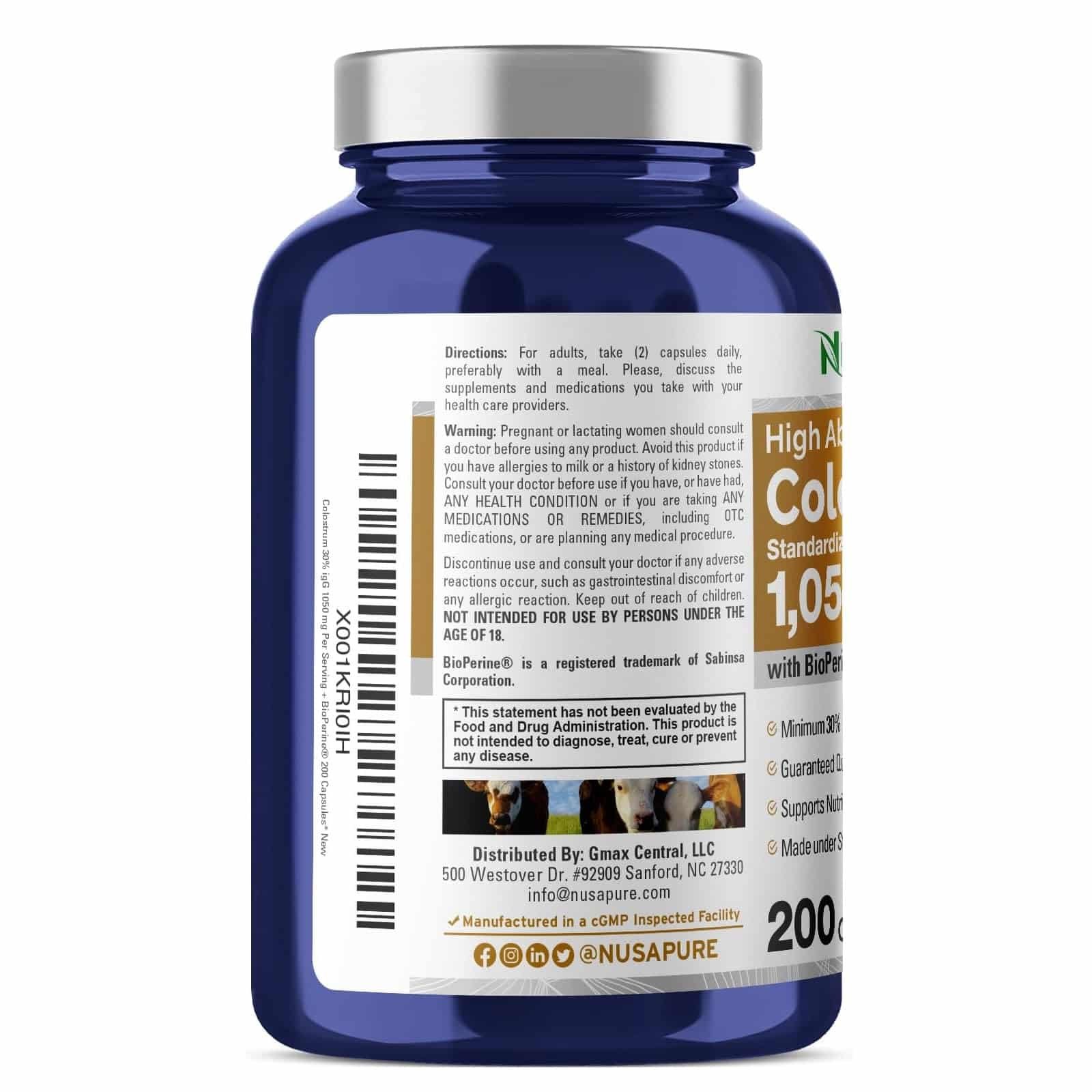 NusaPure Colostrum 1050mg 30% IgG 200 capsules (Non-GMO, Soyfree) Bioperine - الصورة 3