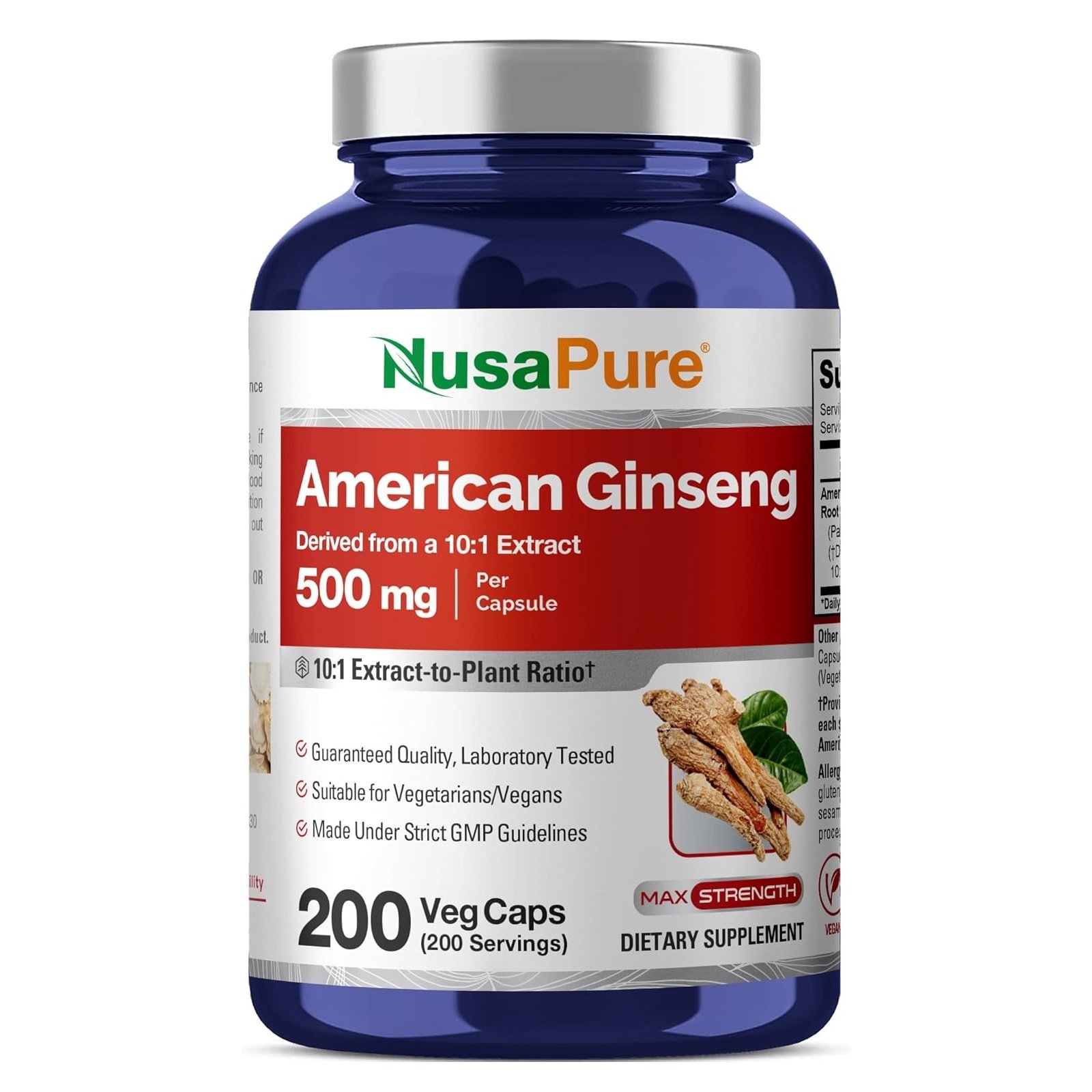 NusaPure American Ginseng Capsules, 500 mg, 200 Veg Capsules (Non-GMO, Vegan)